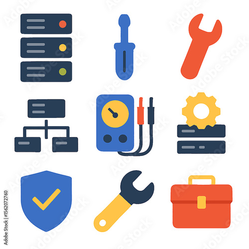 IT support and network maintenance vector illustration with tools and equipment icons