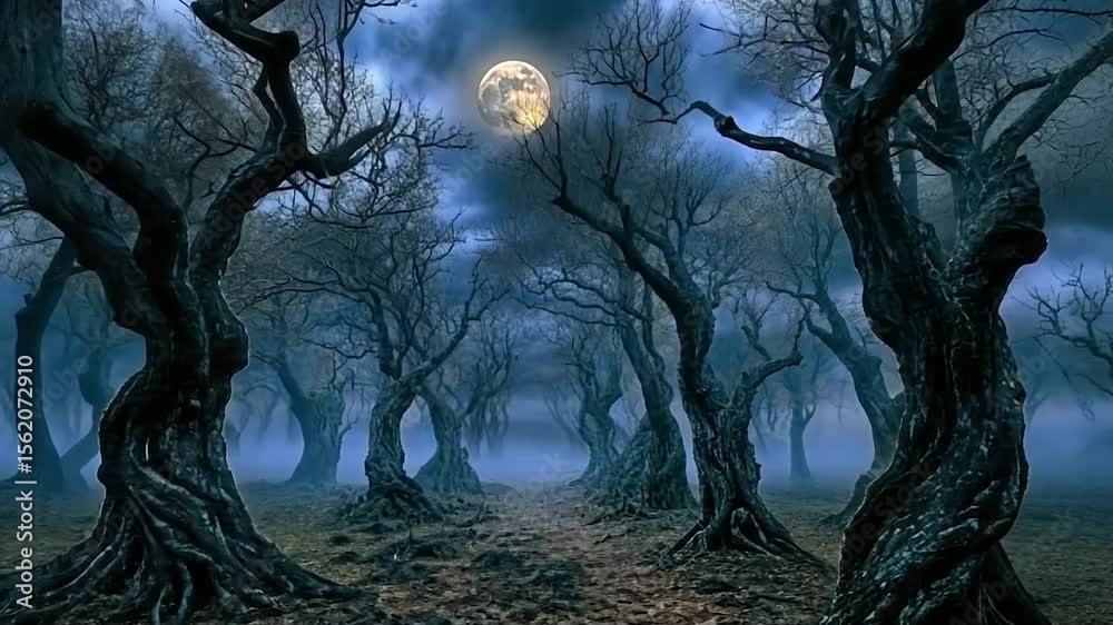 Mysterious moonlit forest path