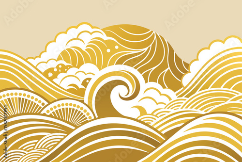 Japanese gold wave background vector. Wallpaper design with gold and white ocean wave pattern backdrop. 