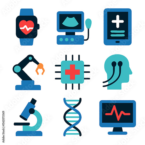 Medical Technology Icons Set Featuring Healthcare Innovation and Diagnostics
