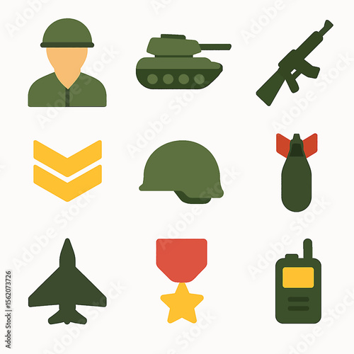 Military icons collection featuring soldier, tank, rifle, bomb, jet, and walkie talkie