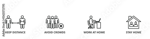 Social distancing banner web icon vector illustration concept with icon of keep distance, avoid crowds, work at home and stay home