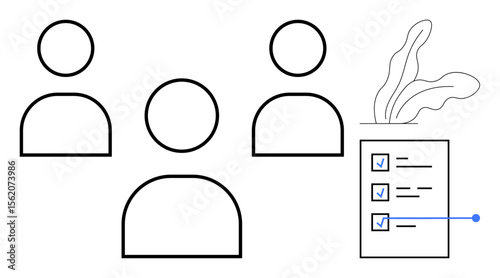 Three outlined human figures suggesting teamwork near a checklist with ticks on tasks and accent shapes. Ideal for productivity, task management, collaboration, workflow, team projects, planning