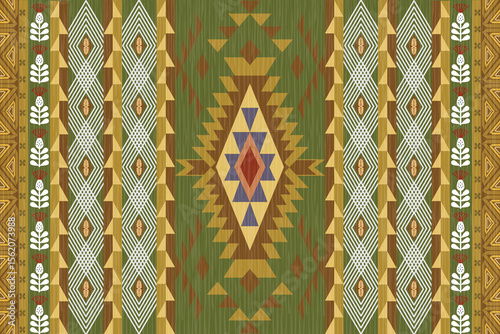 Bilde på lerret A vibrant Ikat-inspired floral geometric seamless pattern with tribal and ethnic elements, perfect for textile, pillow, and fashion design