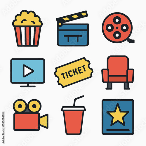 Movie night icons collection featuring popcorn, clapperboard, film reel and theater seat