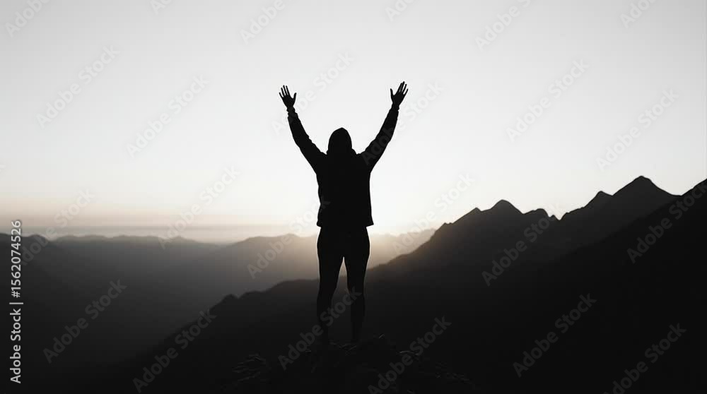 A black silhouette photo of a person worshiping with his hands held high at the top of a high mountain was taken from a distance.