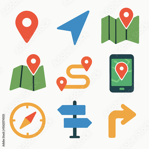 Navigation icons set featuring map, location pin, compass, direction signs and arrow