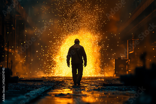 Silhouette of a steelworker walking towards intense heat and molten metal sparks