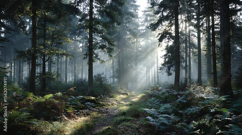 Obraz premium Sunbeams in misty woodland