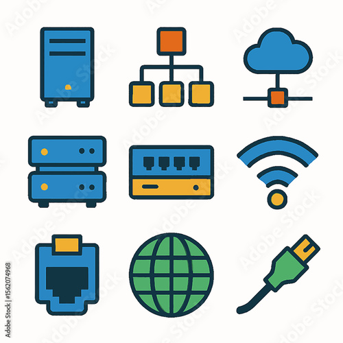 Network infrastructure elements depicting a server, cloud, and cable connection vector