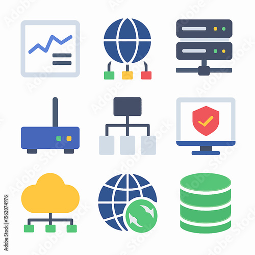 Network infrastructure elements featuring cloud computing and data security icons