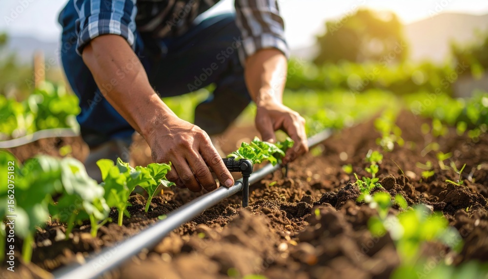 Fototapeta premium Farmer Watering Plants In Garden