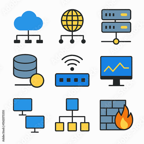 Network infrastructure icons set showcasing cloud, server, database, and firewall systems