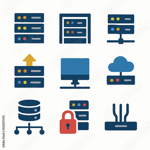 Network infrastructure with server racks and cloud storage for data management