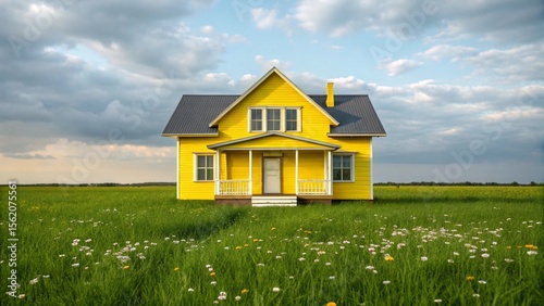 Wallpaper Mural Bright Yellow Farmhouse in Spring Meadow, Cloudy Sky, Serene Rural Landscape Torontodigital.ca