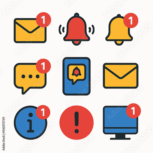 Notification icons set with counter showing one new alert on messages and alerts