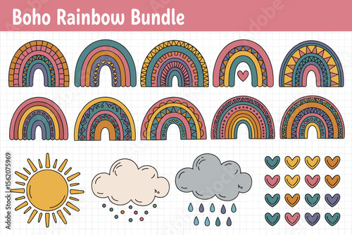 Cute Hand Drawn Boho Rainbows with Hearts and Patterns
