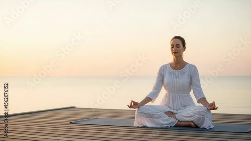 Tranquil Woman Meditating by Serene Water at Sunset