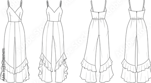 Fashion jumpsuit flat sketch, ruffle hem technical drawing, layered wide leg design, CAD template for stylish romper fashion illustration