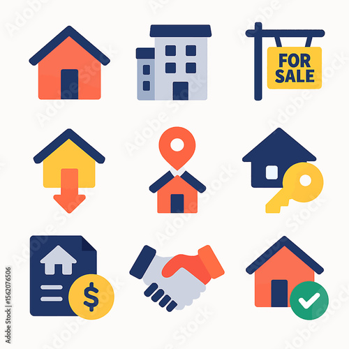 Real estate icons depicting property transactions and home ownership in flat style
