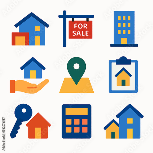 Real estate market icons depicting property investment and homeownership concepts