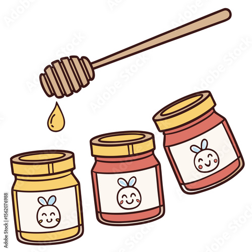 Three jars of honey with cute labels and honey dipper dripping honey