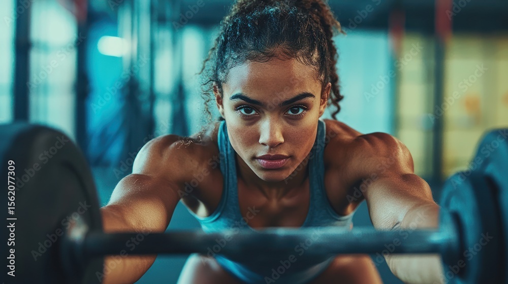 Obraz premium A muscular woman in a gym, lifting a barbell with a focused expression.