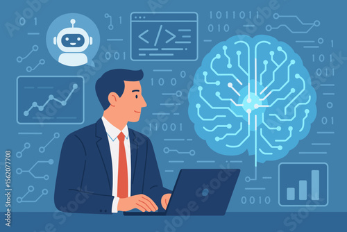 Artificial intelligence concept. Businessman at laptop using machine learning for data analysis. AI technology, algorithm coding, chatbot assistant, business automation and growth.