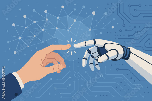 Robot and human hand touching, a Creation of Adam parody. Artificial intelligence concept. Future technology, innovation, and digital transformation. AI network and data connection.