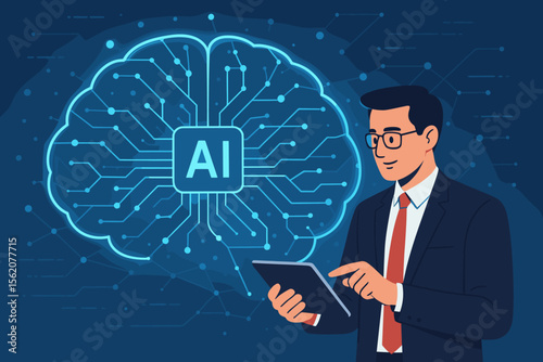 Businessman using tablet to connect with AI brain. Artificial intelligence, machine learning, neural network. Futuristic business technology concept for corporate innovation and strategy.