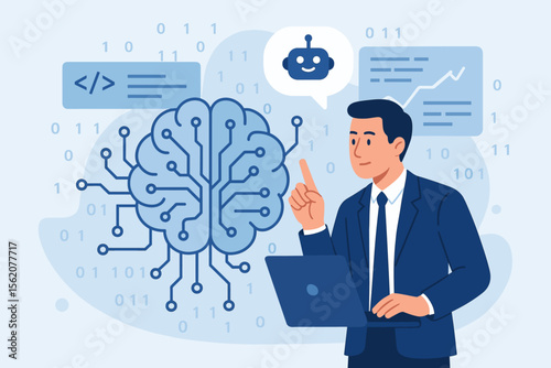 Businessman using AI for business data analysis. Artificial intelligence and machine learning concept with a chatbot assistant, coding algorithm, and digital brain innovation vector.