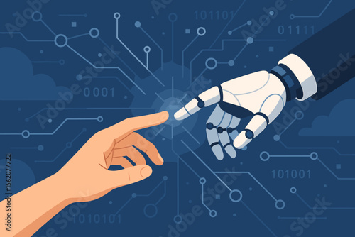 Artificial intelligence concept with robot and human hand touching. Modern Creation of Adam metaphor for future technology, digital transformation, innovation, and machine learning.