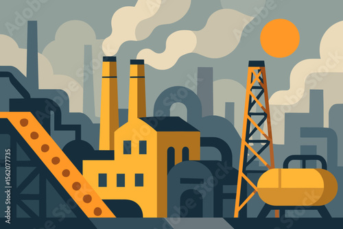 Vector illustration of an industrial complex with a factory, smokestacks, and an oil refinery derrick. Concept for energy production, manufacturing, fossil fuels, and air pollution.