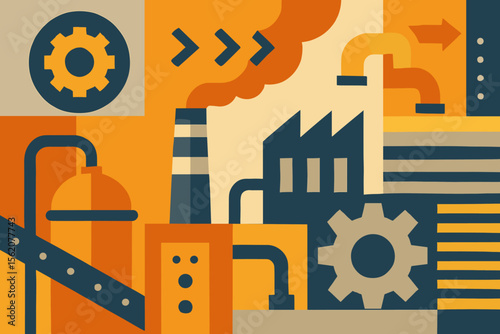 Abstract industrial background with factory, pipes, and gears. Vector illustration of a manufacturing plant and production process. Concept of engineering, technology, workflow, automation.