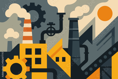 Industrial landscape with factory buildings and smokestacks. Manufacturing plant concept with pipes and gears. Heavy industry, engineering, energy production and environmental pollution.