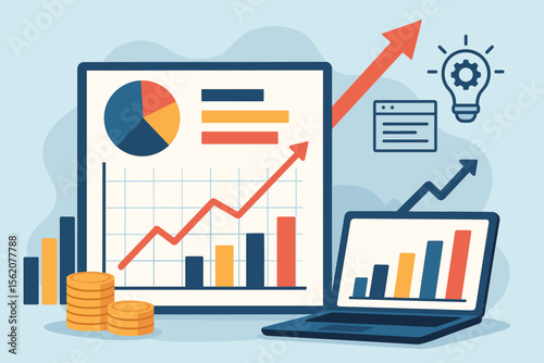 Business analysis dashboard with charts, sales data, and economic growth graph. Concept for financial planning, revenue strategy, stock market investment, banking and data exchange.