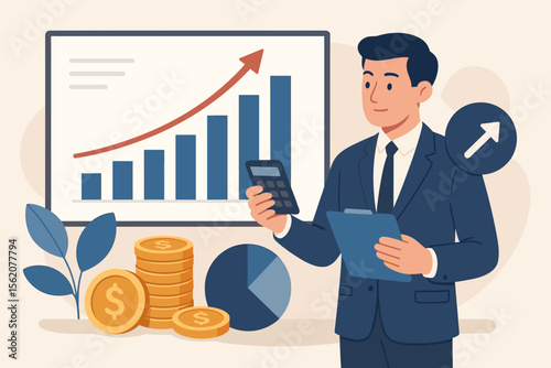 Business growth and investment strategy concept. Businessman analyzing financial data for company profit. Economic analysis with calculator, chart, and report for long-term goals.