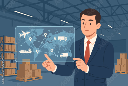Businessman managing global logistics network on a virtual interface in a warehouse. Smart transportation, distribution, and supply chain management concept. Innovation and future of freight.