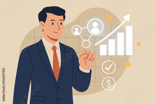 Businessman analyzing financial data on virtual interface. Manager touching customer network icon and business growth graph. Investment strategy, economy progress, CRM and success.