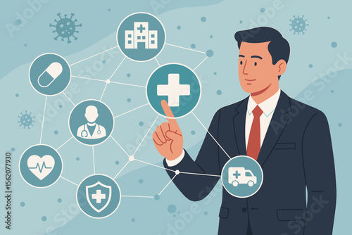 Health insurance concept with a businessman touching a virtual medical network. Choosing healthcare services, doctor, hospital, and ambulance. Digital health and telemedicine technology.