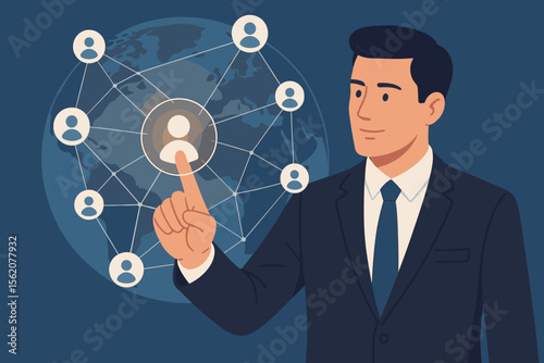 Businessman touching customer global structure, networking and data exchanges on a virtual screen. Digital marketing, Social Media, Communication network and Internet business concept.