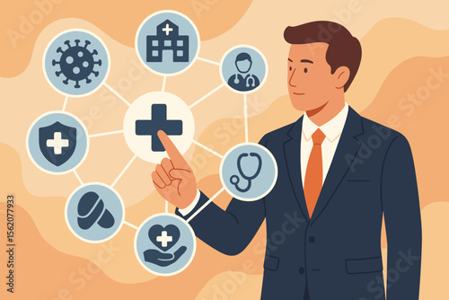Businessman managing healthcare on a virtual screen. Health insurance concept with medical network icons for hospital, doctor, and pandemic response. Digital health technology.