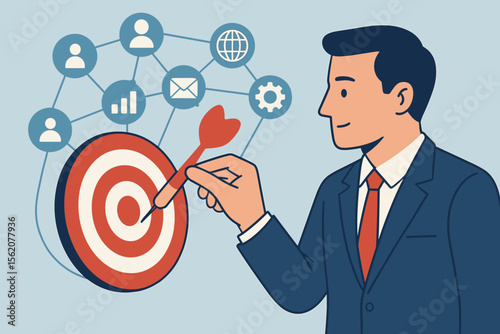 Businessman aiming dart at target. Business goal, strategy, and success concept. Man focusing on bullseye for targeted marketing. Digital network, CRM, and data analysis icons. Vector.