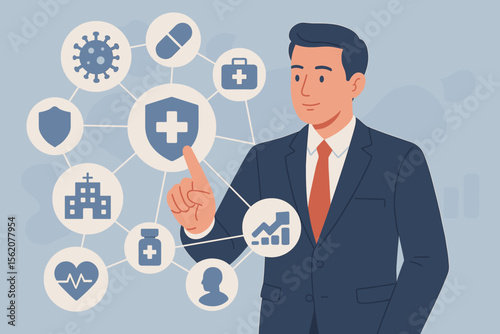 Businessman touching virtual medical interface for health insurance. Healthcare management concept with network of icons. Hospital services, medicine, virus protection, data analysis.