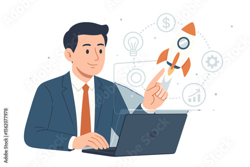 Businessman working on laptop launching business startup project. Rocket flying from virtual interface. Concept of innovation, development, success, marketing, strategy and growth.