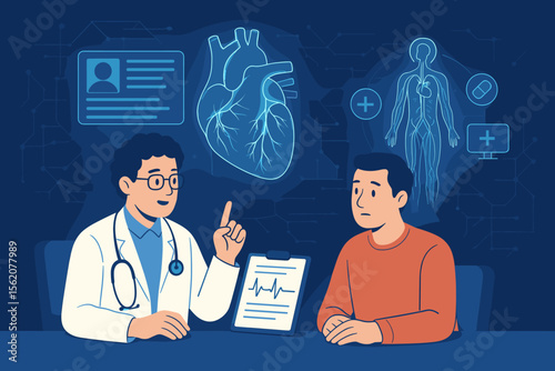 Cardiologist consults a patient, explaining heart test results with a futuristic digital interface. Medical concept with human anatomy hologram, EKG, and electronic records.