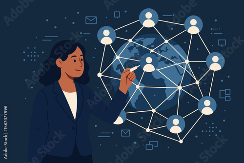 Global business connection concept. Professional woman managing an international team on a digital network. Social media, communication technology, globalization, and leadership.