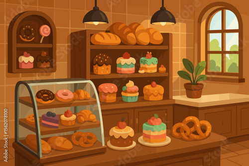 Cartoon bakery shop interior vector illustration. Cute pastry store with a display case full of cakes, desserts, and donuts. Cozy confectionery with fresh bread and sweets on shelves.