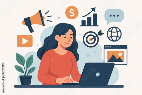 Digital marketing specialist concept. Woman at laptop managing online business strategy with SMM, SEO, and content icons. Vector for advertising, promotion, data analysis, and growth.
