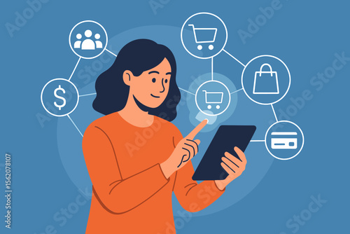 Digital online marketing and e-commerce concept. Woman using tablet for payments and online shopping with customer network icons on a virtual screen. Mobile banking and retail.